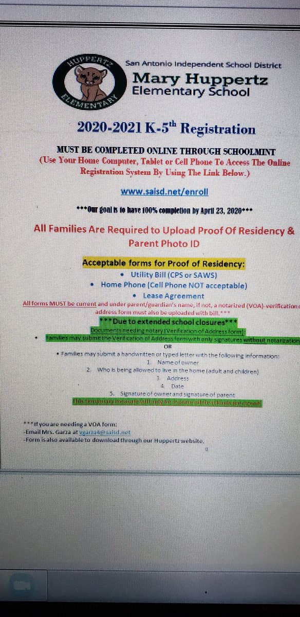 SAISDHuppertzES's tweet photo. Hello @SAISDHuppertzES families! We are enrolling students for next school year so please read below for details. We would LOVE to have all our Cougar Cubs return! #RegistrationTime #saveyourspot #WeWantYou https://t.co/PhXQxX0gAP