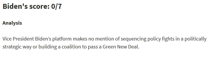 And sunrise justice's scorecard actively penalizes Biden for not adopting this approach. He gets 0 out of 7 for not "strategically sequencing GND policy fights. He's docked points for not trying to fundamentally reorient society in ways unrelated/tangentially related to climate