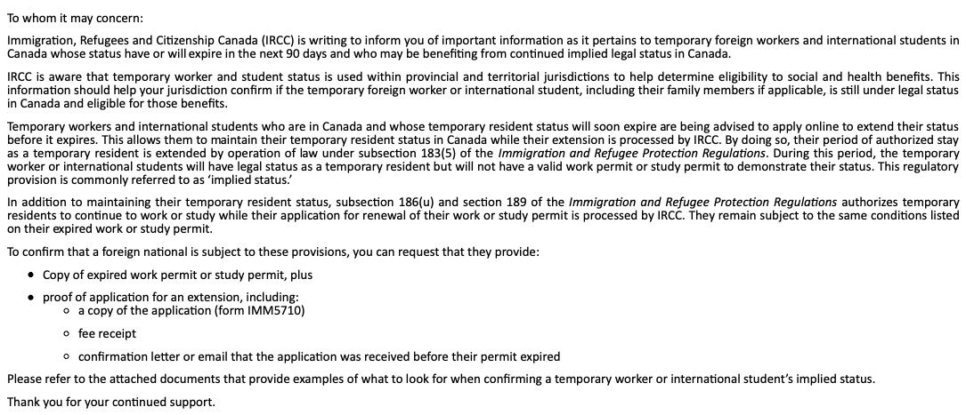 TTRRMK's tweet photo. IRCC has reached out to the provinces to provide guidance on implied status - hopefully the provinces will use the guidance to make clear policy changes as to continued eligibility for health insurance while on implied status #impliedstatus #cndimm #TFW @CitImmCanada @ONThealth https://t.co/GnYwj1yhNG