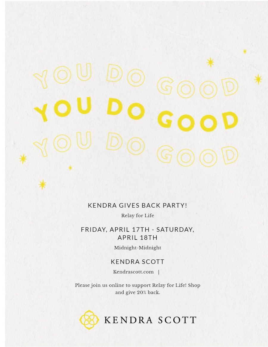 SAVE THE DATE!!!
✨online kendra scott gives back✨
shop ur favorite items on the <a href="/KendraScott/">kendrascott</a> website april 17th + 18th and 20% of the purchase will go to franklin RFL🤍 
coupon code to come!!!🎗