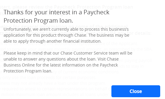EliteTimepieces's tweet photo. @jpmorgan So we have been with you since 2008, got almost all the way through PPP application and website crashed. Tried to start over and got this screen telling us to basically go kick rocks..... What gives? https://t.co/ULrNSvfXM5