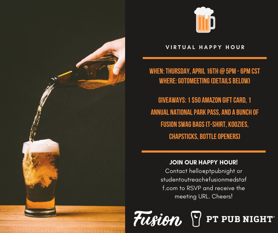 Missing happy hour during #SocialDistancing? We're excited to announce a virtual #PTPubNight with our awesome sponsor @FusionMedStaff1. 

Contact hello@ptpubnight or studentoutreach@fusionmedstaff.com to RSVP and receive the meeting URL. 🍻 Cheers!