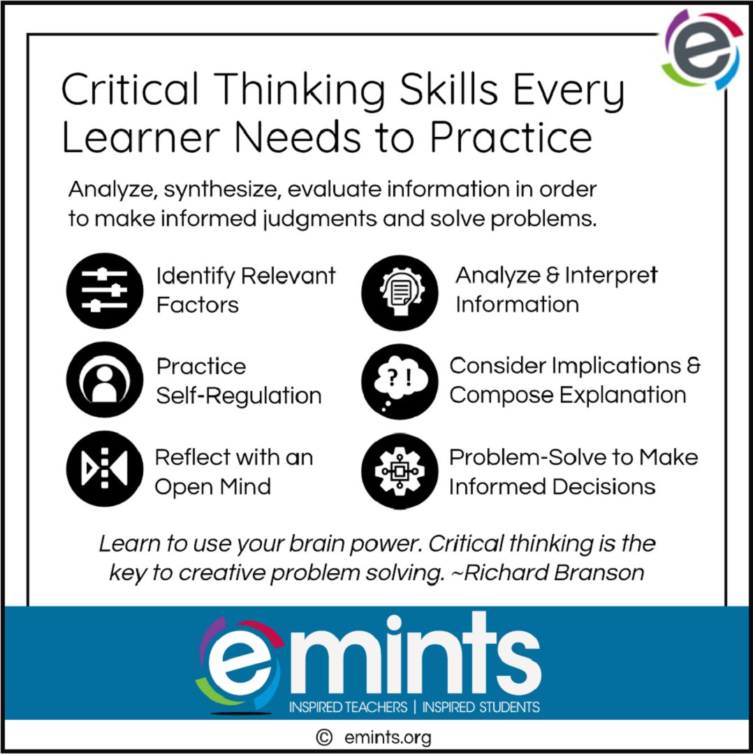 higginsb's tweet photo. Thinking critically MUST continue to be encouraged/practiced whether learning F2F or remotely. Ss who develop critical thinking skills are more apt to think “outside the box”, &amp; are more self-directed, independent learners. #criticalthinking #emints @emintsnc #4Cs #emintstips https://t.co/y5hmEQIEG7