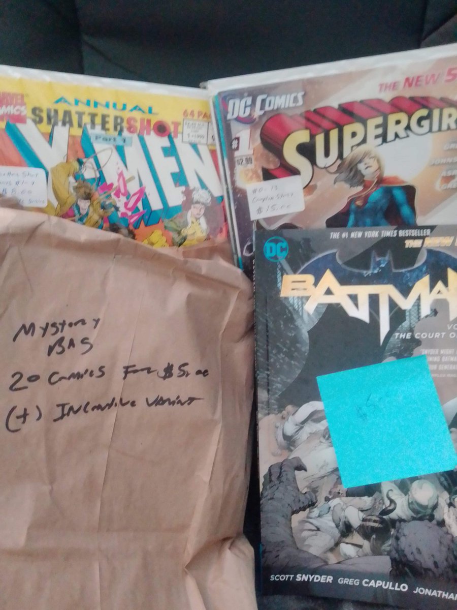 AndTheBPRD's tweet photo. So what's everyone quaranreading?
I just curb side picked up some stuff today at one of my Lcs's
#FanboyComics!
Batman vol 1 by @Ssnyder1835 and @GregCapullo
Supergirl N52 #0-13!
X-Men Shattershot 1-4
And a mystery bag!
Very excited. https://t.co/EzlIskrgjv