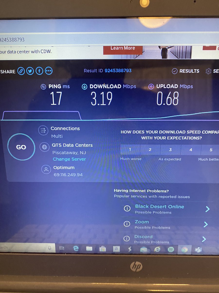 wilsky56's tweet photo. @optimum @OptimumHelp  I NEED YOUR HELP!  The last three days I have attempted to reach out to technical support. On hold for two hours each time, only to talk to NO ONE. My internet is BARELY working. 400 MBPS running under 4 MBPS. https://t.co/5HWCQIFyIu