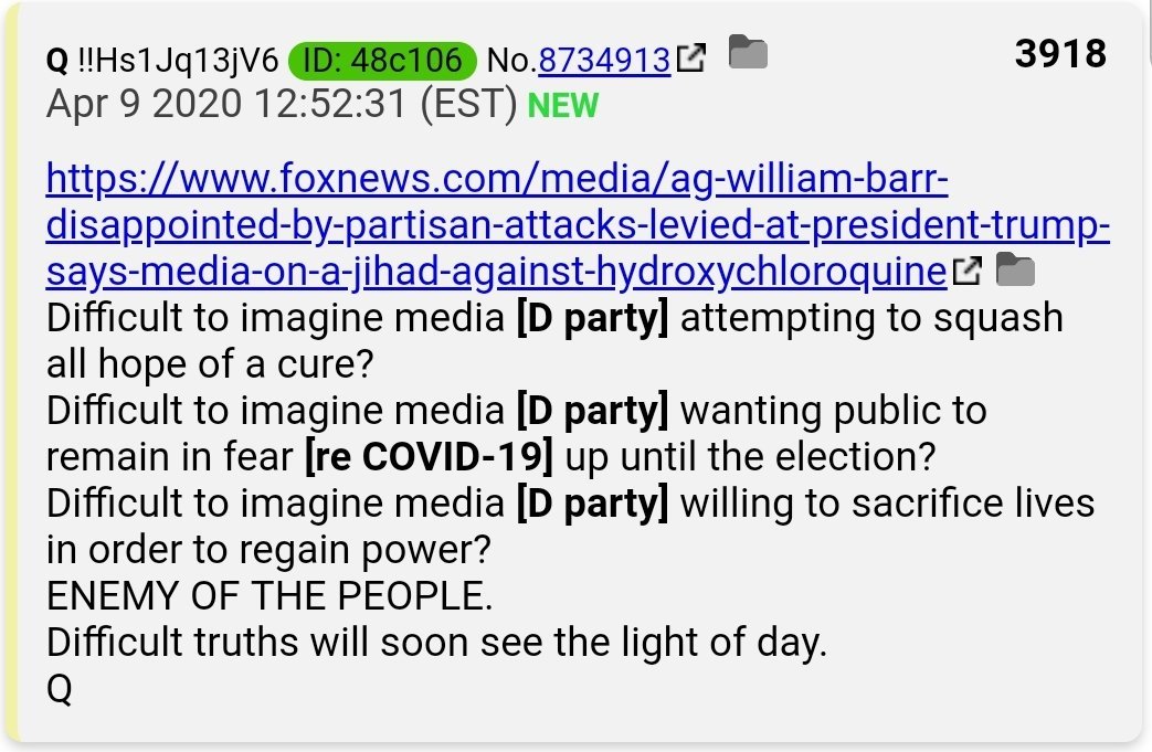 55.  #QAnon Is it hard to imagine [D] media willing to sacrifice lives in order to regain power?Is it hard to imagine [D party] attempting to squash all hope of a cure?Difficult to imagine media [D party] wanting public to remain in fear [re  #COVID19] up until the election?  #Q