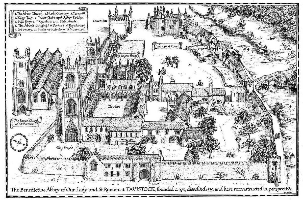 Tavistock Abbey was a bit of a mindbender but I think this conjectural imagining is a bit hard to fit into the space what we have (Benedictine, £911 gross, so not small potato). Had a bash at plan. NW corner of cloister in churchyard fanciest bit we have left