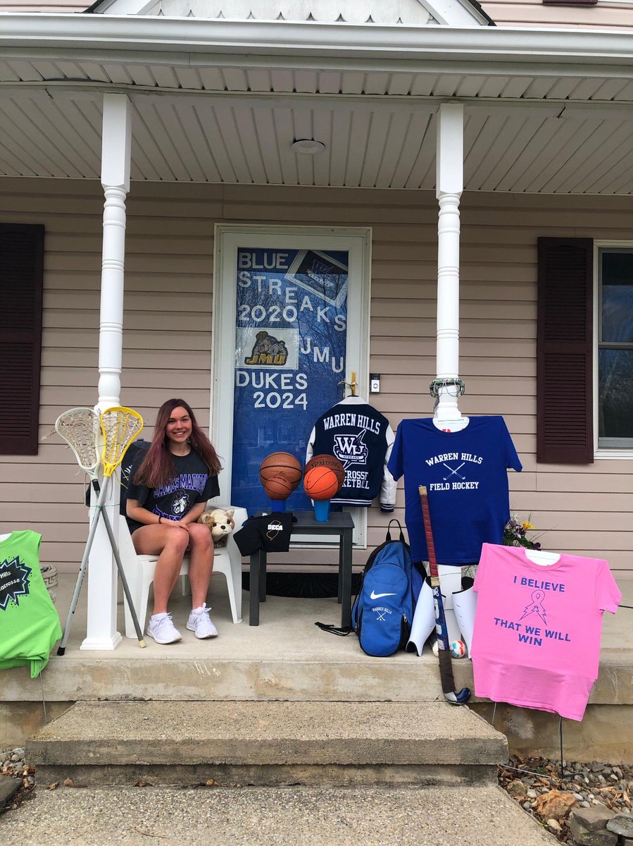 WHRHighSchool's tweet photo. From #BlueStreaks to @JMU Dukes! Congrats to Olivia Flynn who smiles proudly with her @WHRSDAthletics gear. We are proud of you, Olivia! #WHRHSClassof2020 #WHRHSPride @WH_glax @WHGirlsHoops @Hills2020 @hockey_wh https://t.co/AnlObClbky