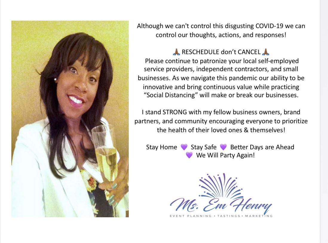 MsEmHenry's tweet image. #StayHome  💜 #StaySafe              💜 We Will Party Again! 

#Coronavirus #COVID19 #MsEmHenry #EventPlanner #WineandSpiritSpecialist #BrandAmbassador #WineTasting #SmallBusiness #WomanOwnedBusiness #DMV #WashingtonDC #MD #DC #WaldorfMD #CharlesCounty #NationalHarbor #EmHenry