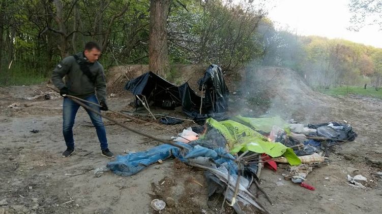 C14 has posted about the attacks on its own social media and has live-streamed the attacks. Here's a screenshot of one of C14's leaders tearing down the tent of a Roma family near Kyiv. He boasted about doing it and posted this on his personal Facebook page.