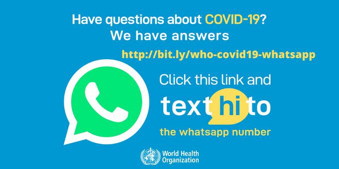 UN's tweet photo. People all over the 🌎 can get real-time, accurate information about #COVID19 directly from @WHO through @Whatsapp. 

Here's how: https://t.co/Usb6myHkeC https://t.co/iqrCEVzUnY