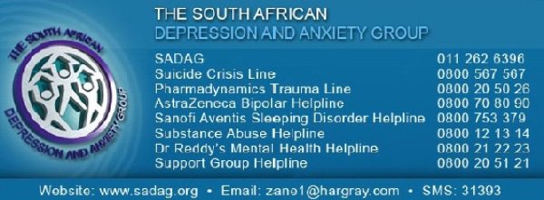 YOU ARE NOT ALONE.Contact The South African Depression & Anxiety Group ( @TheSADAG) on the 24hr Helpline 0800 12 13 14 and for emergencies call 0800 567 567