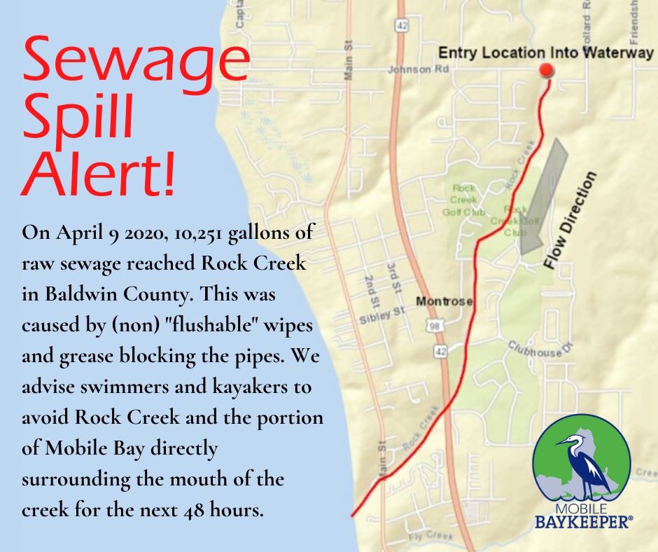 Today (April 9) a blockage caused by 'flushable' wipes & grease caused more than 10k gallons of raw #sewagespill into #RockCreek in #DaphneAL. We advise swimmers and kayakers to avoid Rock Creek & part of #MobileBay surrounding the mouth of the creek for the next 48 hours.