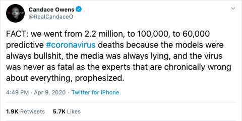 NikkiMcR's tweet image. At the end of it all, even though we've drastically managed to reduce the death toll, there will still be intellectual sinkholes like Candace who will argue that the success of social distancing measures really means the whole thing was overblown.