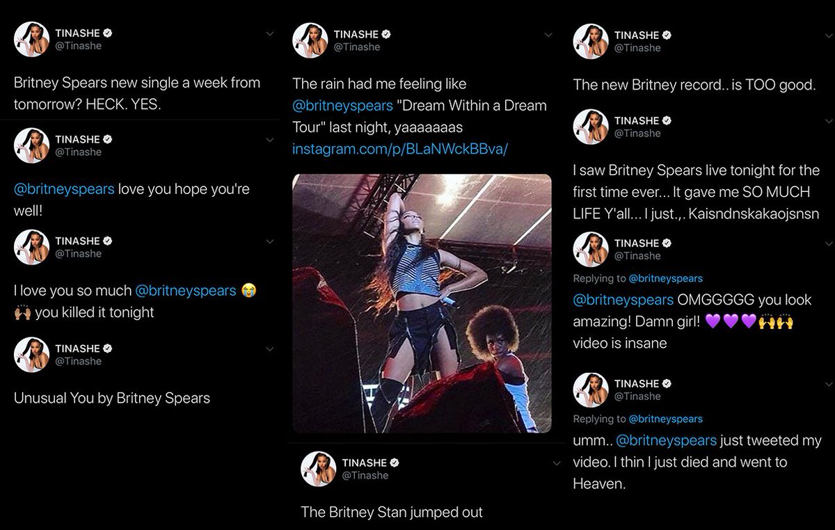 Tinashe has looked up to Britney since she was a little girl and continues to rep her on social media. She sampled "Blur" in her song "Can't Say No", which was one of her very first releases.