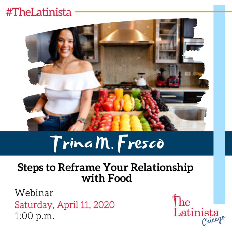 TrinaFresco's tweet photo. You + Me -> at my first webinar this Saturday. 

How’s your relationship w/ food during shelter-in-place?!?! 🍎 🍊🍌🍒🥝🥬🥒🌶🥑🍆🥭🍇🍓🍉🧄🧅🥔 

This Sat. at 1pm CT I’m hosting a free webinar for @THELATINISTA called Steps to Reframe Your Relationship with Food. It’s free!!! https://t.co/LUUBC7VXju
