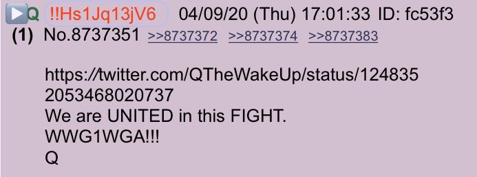 !!NEW Q - 3927!!17:01:33 EST  https://twitter.com/QTheWakeUp/status/1248352053468020737We are UNITED in this FIGHT.WWG1WGA!!!Q #QAnon  #WWG1WGA  #GreatAwakeningWorldwide