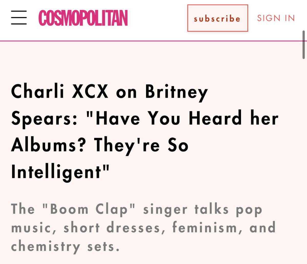 Charli XCX has called Britney a "pop genius" and a "huge inspiration" to her. Additionally, she has praised Britney's albums for being "inteligent" and "ahead of their time."