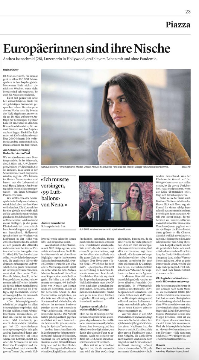 Honored to have another full-page article written by my hometown's newspaper <a href="/LuzernerZeitung/">Luzerner Zeitung</a> about my career milestones from <a href="/WestworldHBO/">Westworld</a> to my niche roles and my viewpoint on the current crisis. #press #article #actress #swiss

luzernerzeitung.ch/kultur/eine-lu…