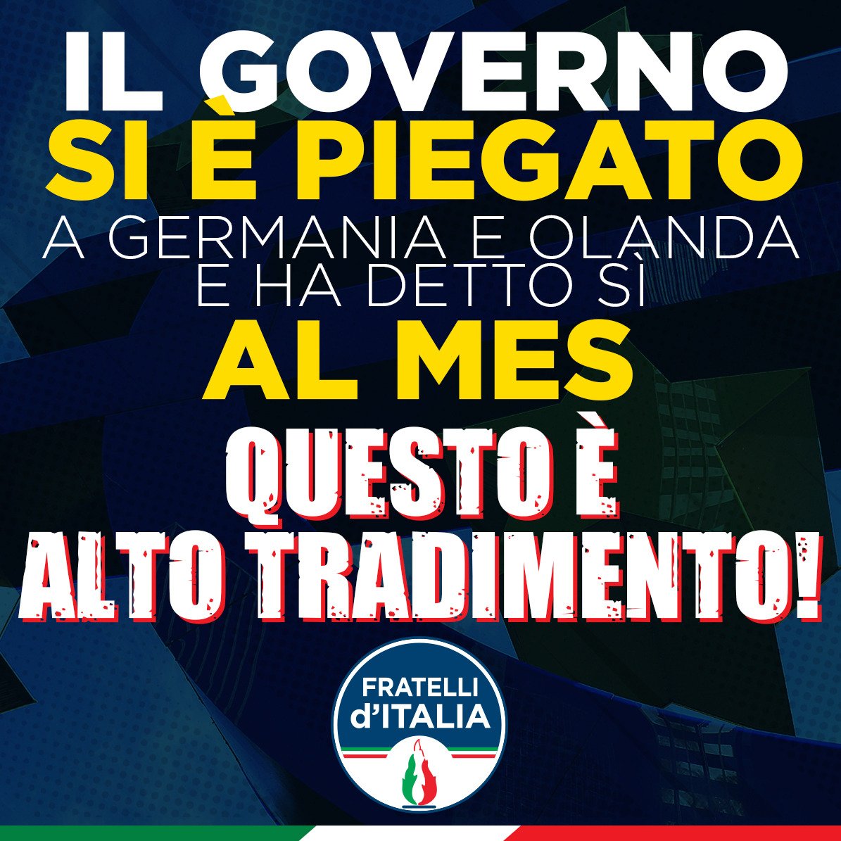 GiorgiaMeloni's tweet photo. Gualtieri ha firmato attivazione #Mes, niente #Eurobond e Italia sotto tutela. Hanno vinto i diktat di Germania e Olanda. Non permetteremo a nessuno di banchettare sulla nostra Nazione. @FratellidItalia farà di tutto in Parlamento per scongiurare questo atto di alto tradimento https://t.co/1HyvVWOgyD
