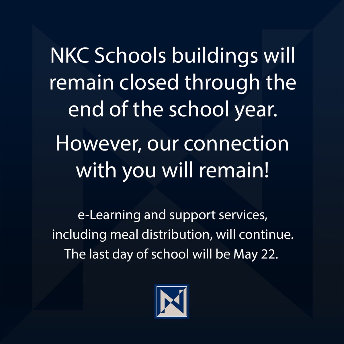 Per Gov. Michael Parson’s announcement this afternoon, our building closures due to the coronavirus have been extended through the end of the school year. E-Learning &amp; food distribution will continue through May 22, 2020 and we will finish strong! More: facebook.com/NKCSchools/pos…