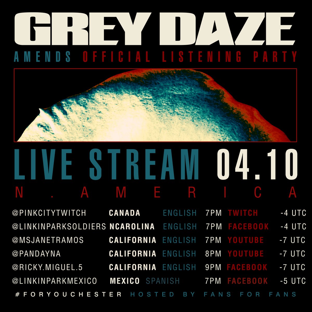 therealgreydaze's tweet photo. Tomorrow is the big day! We’re livestreaming the new album Amends around the globe with some of our amazing fans before it is out on June 26th. Please tune in &amp; tell us what you think of the new music! Tune in here: https://t.co/ewQJmgZKTY #ForYouChester https://t.co/mfRakIB3FB