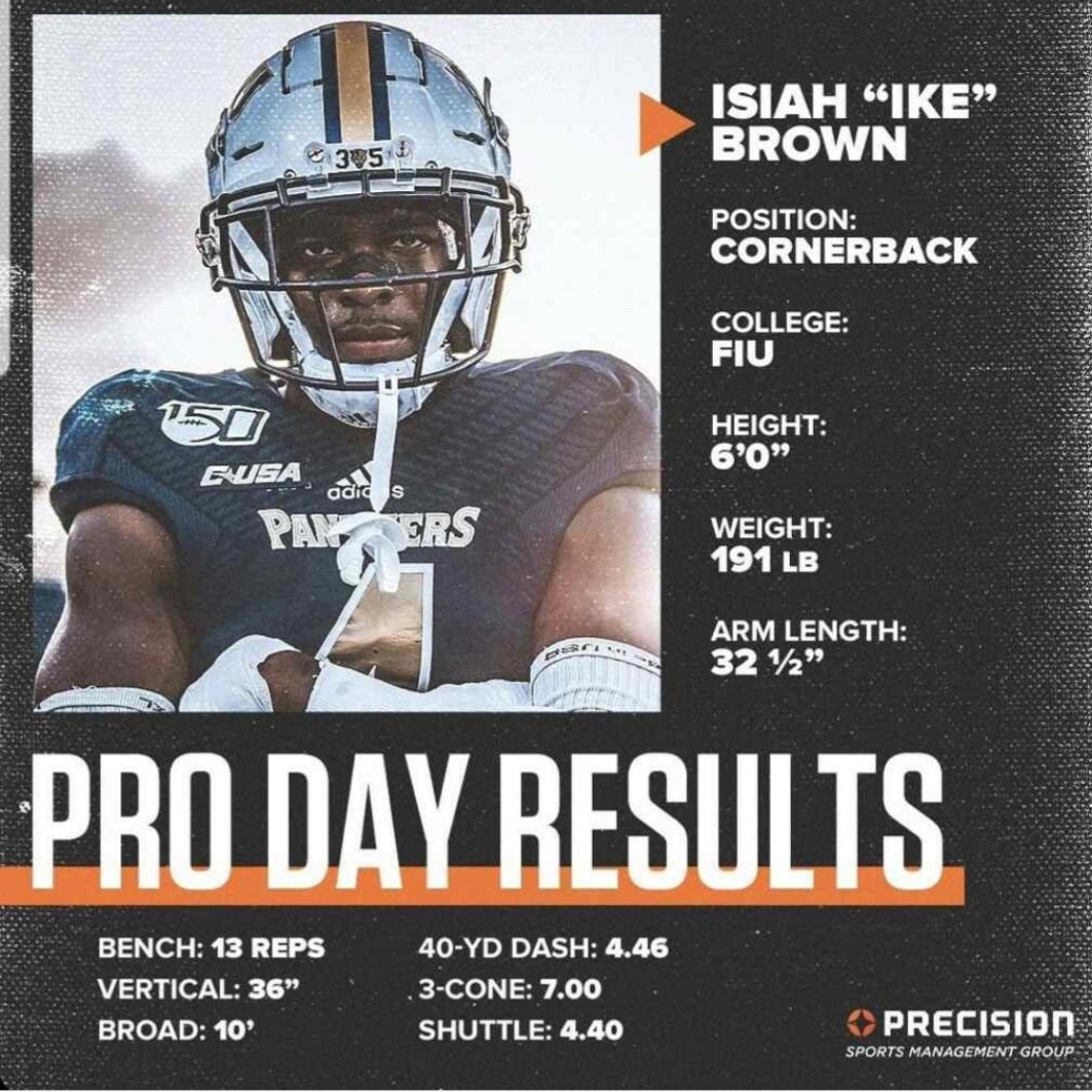 BoMarchionte's tweet photo. Isiah Brown @TropicalBowlUSA performance had swarm of #NFL scouts wanting to know more. A smart, physical DB with length helped him start 7gms as true freshman @FIUFootball &amp; his 4.4 speed only solidifies his #NFLDraft value #NFLDraftNews #proday
https://t.co/cGVtF5oE11 https://t.co/ZImZ97I9Lo