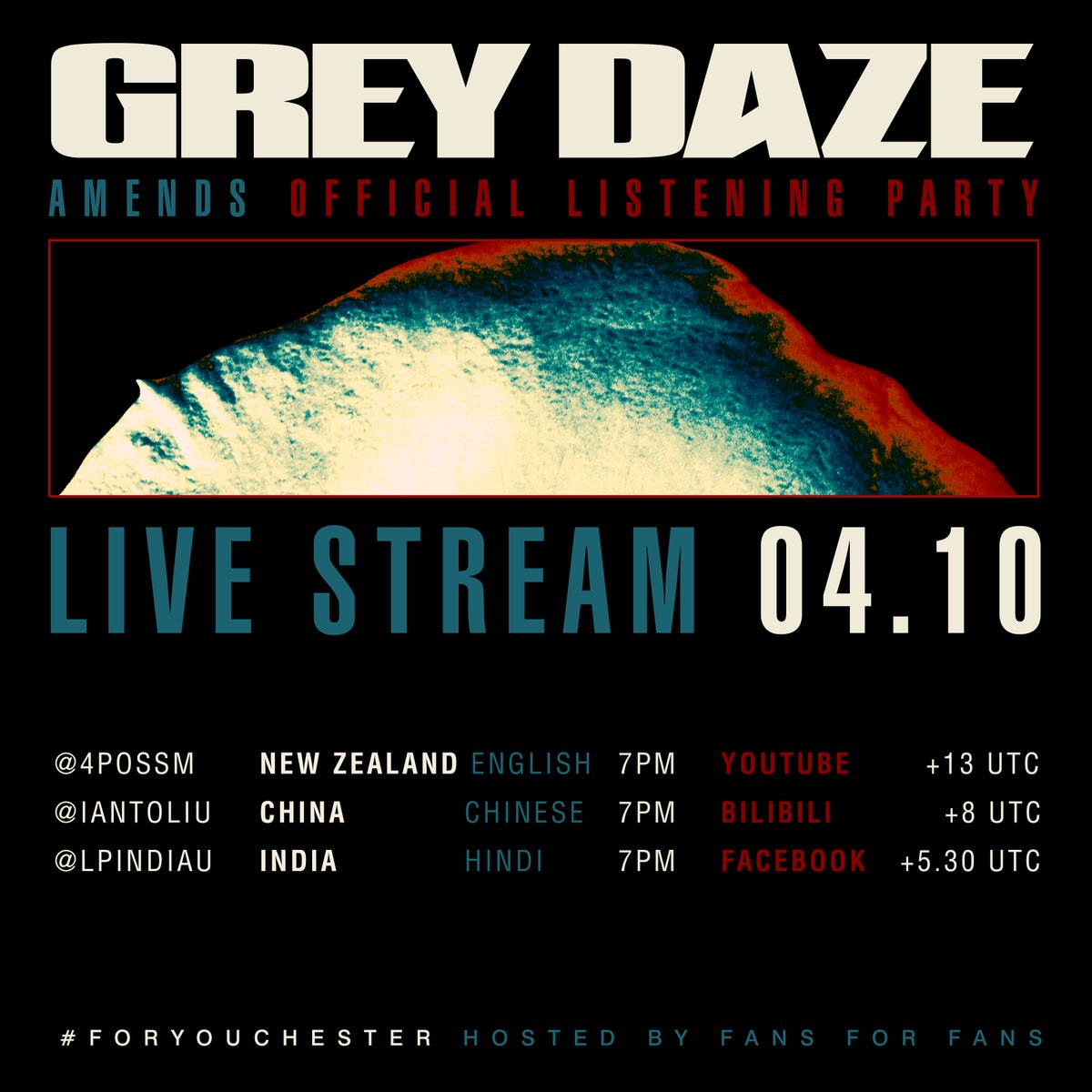 therealgreydaze's tweet photo. Tomorrow is the big day! We’re livestreaming the new album Amends around the globe with some of our amazing fans before it is out on June 26th. Please tune in &amp; tell us what you think of the new music! Tune in here: https://t.co/ewQJmgZKTY #ForYouChester https://t.co/mfRakIB3FB