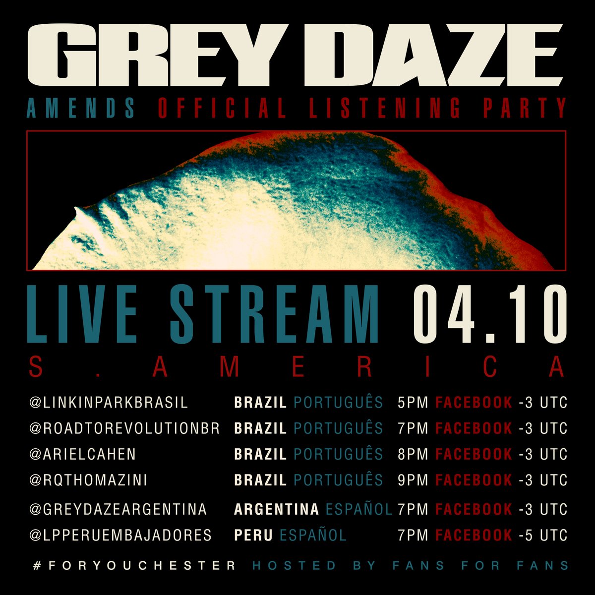 therealgreydaze's tweet photo. Tomorrow is the big day! We’re livestreaming the new album Amends around the globe with some of our amazing fans before it is out on June 26th. Please tune in &amp; tell us what you think of the new music! Tune in here: https://t.co/ewQJmgZKTY #ForYouChester https://t.co/mfRakIB3FB