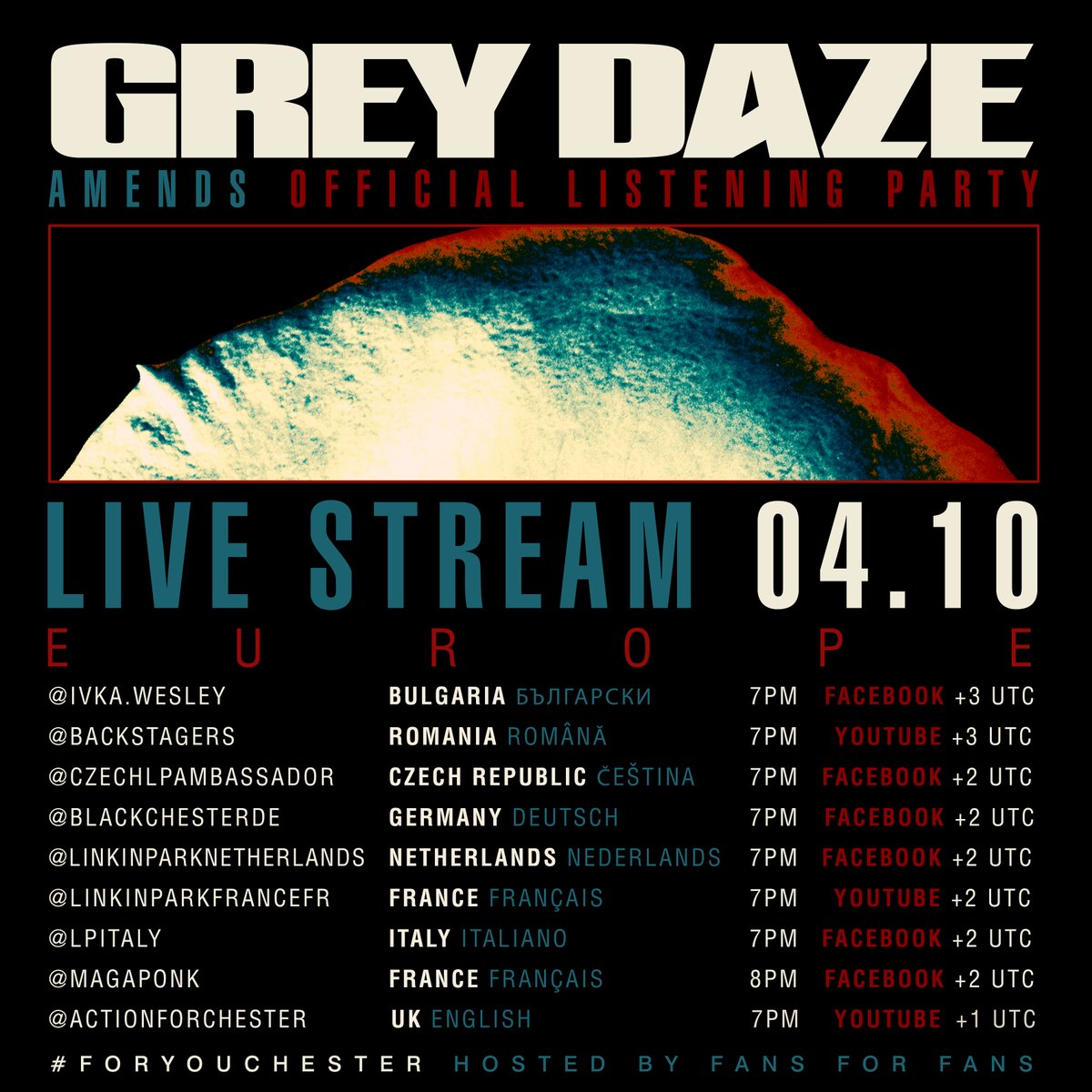 therealgreydaze's tweet photo. Tomorrow is the big day! We’re livestreaming the new album Amends around the globe with some of our amazing fans before it is out on June 26th. Please tune in &amp; tell us what you think of the new music! Tune in here: https://t.co/ewQJmgZKTY #ForYouChester https://t.co/mfRakIB3FB