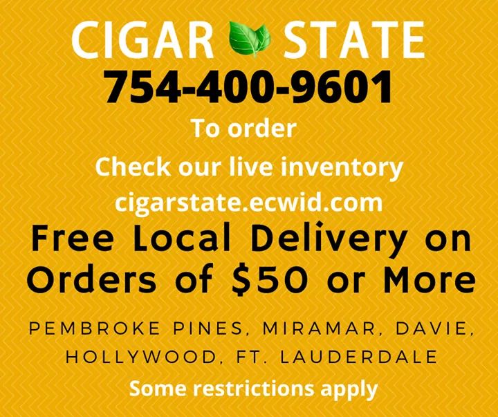 CigarState's tweet photo. Cigar State is offering free local delivery on orders of $50 or more to Pembroke Pines, Miramar, Davie, Hollywood and Ft. Lauderdale. Call us to order 754-400-9601 or place your order at https://t.co/kImwEMbFhu. Some restrictions apply. https://t.co/aR5I9gx0Px