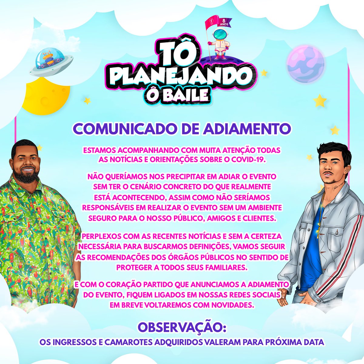 toplanejandoofc's tweet photo. Como todos sabem o cenário não está para festa, com isso o nosso evento que iria acontecer neste sábado será adiado, contamos com a compreensão e colaboração de todos. Em breve anunciaremos a nova data COM AS MESMAS ATRAÇÕES, fiquem ligados em nossas redes sociais. https://t.co/ed83vlCsF5
