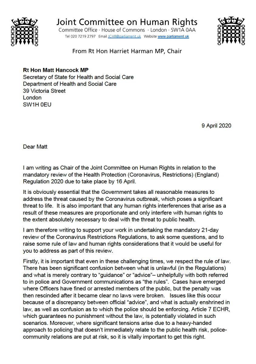 Letter from  @HumanRightsCtte Chair  @HarrietHarman to  @MattHancock asking some important questions about the scheduled review of the 'lockdown' regulations in a week's time  https://publications.parliament.uk/pa/jt5801/jtselect/jtrights/correspondence/200409-Letter-to-Matt-Hancock-regarding-Health-Protection-Coronavirus-Restrictions-England-Regulation-2020.pdf /95
