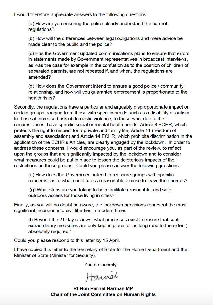 Letter from  @HumanRightsCtte Chair  @HarrietHarman to  @MattHancock asking some important questions about the scheduled review of the 'lockdown' regulations in a week's time  https://publications.parliament.uk/pa/jt5801/jtselect/jtrights/correspondence/200409-Letter-to-Matt-Hancock-regarding-Health-Protection-Coronavirus-Restrictions-England-Regulation-2020.pdf /95