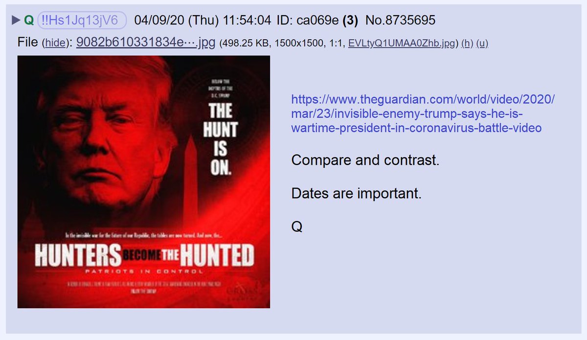 97) When discussing the coronavirus, the President has persistently said he is "at war."At war with an invisible enemy. At war with a plague.At war with a monster. Q asked us to compare and contrast and look at dates.