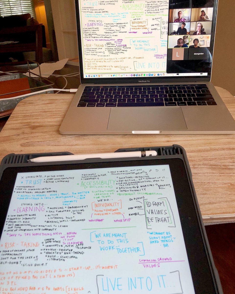 b_e_sanders's tweet photo. Tried out the iPad π² airplay option in @zoom_us π today during our virtual @edfarmbhm values retreat so I could #sketchnote βπΌ our conversation π¬ in real-time. We used the @brenebrown #daretolead β€οΈ #livingintoourvalues process to lead the discussion. #edfarmbhm #valuesmatter https://t.co/4WBZIry8jl