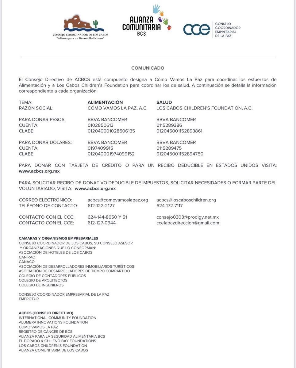 cmendozadavis's tweet photo. Comparto el extraordinario y muy solidario esfuerzo de la iniciativa privada de #LosCabos y #LaPaz por crisis #Covid19 en apoyo a los servicios médicos y población mas necesitada. Enhorabuena por la Alianza Comunitaria por #BCS. Tod@s necesitamos de tod@s. #QuedateEnCasa https://t.co/CvvNUGRyIE