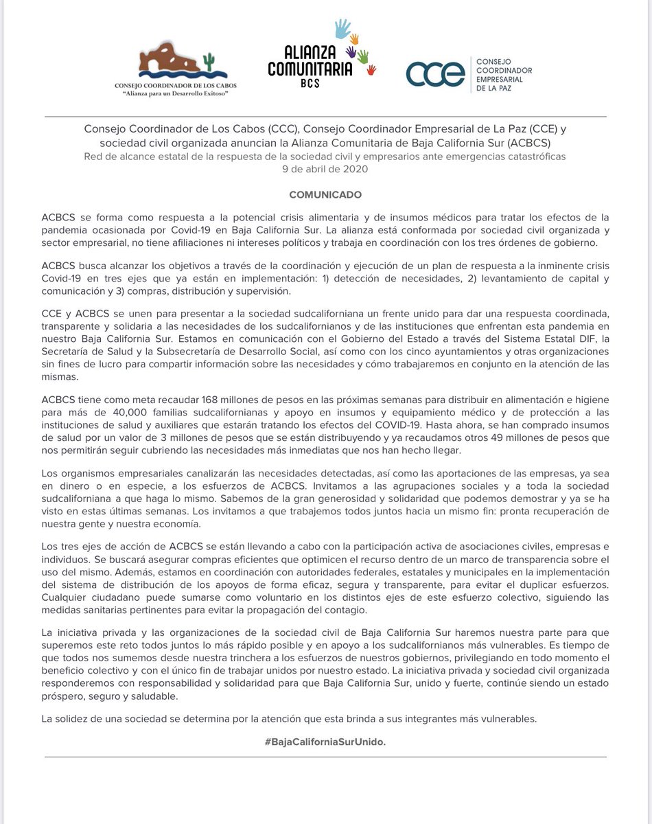 cmendozadavis's tweet photo. Comparto el extraordinario y muy solidario esfuerzo de la iniciativa privada de #LosCabos y #LaPaz por crisis #Covid19 en apoyo a los servicios médicos y población mas necesitada. Enhorabuena por la Alianza Comunitaria por #BCS. Tod@s necesitamos de tod@s. #QuedateEnCasa https://t.co/CvvNUGRyIE