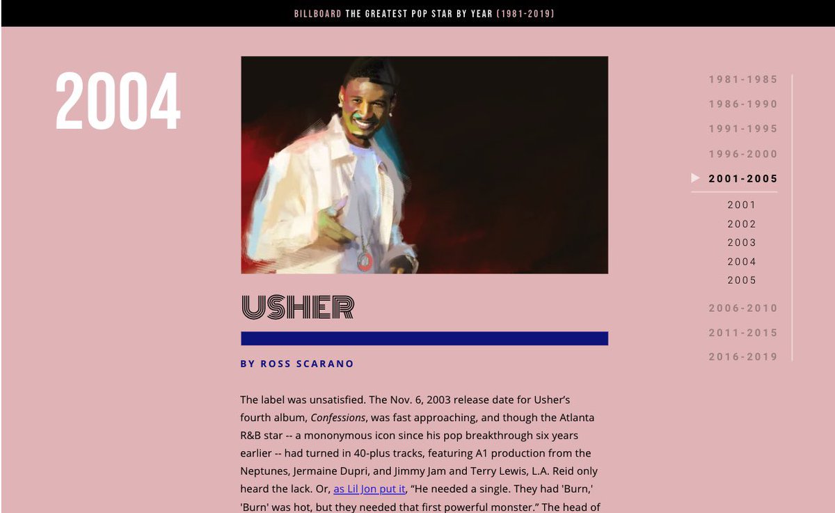 Billboard cited Usher as the greatest pop-star of the year 2004 — Usher is the only male R&B artist to appear as the pop-star of the year on Billboard’s chart from 1981-2019. https://www.billboard.com/amp/articles/news/list/9338589/greatest-pop-star-every-year?__twitter_impression=true