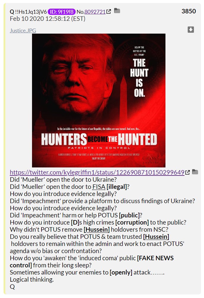 100) On February 10th, Q suggested that POTUS allowed Obama holdovers to remain in certain positions & allowed them to commit illegal acts, providing evidence of their corruption.The Mueller investigation and impeachment allowed the introduction of more evidence of corruption.