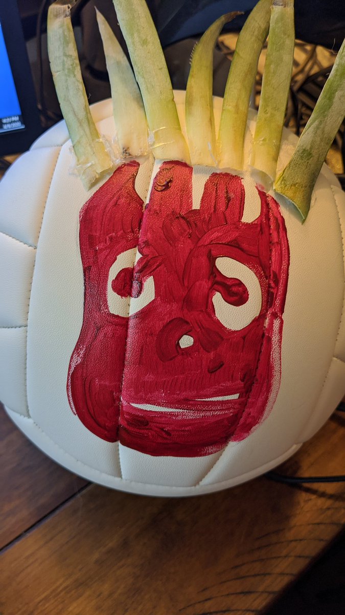 KorenWright's tweet photo. My dad made Wilson today, it's sitting next to him while he works #sendhelp https://t.co/ecfhZBJP2J