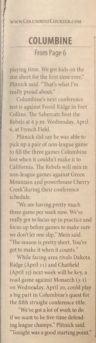 12th <a href="/JeffcoAthletics/">Jeffco Athletics</a> Flashback 
<a href="/CHSRebels_BLax/">Columbine Boy's Lacrosse</a> was attempting to win a 5th straight conference title in 2016. Columbine eventually went 9-0 in league play to accomplish the feat. 

COLUMBINE COURIER 
APRIL 6, 2016

<a href="/Rebel_Athletics/">Columbine Athletics</a> <a href="/Rebel_Principal/">Scott Christy</a> #jeffcopreps #copreps