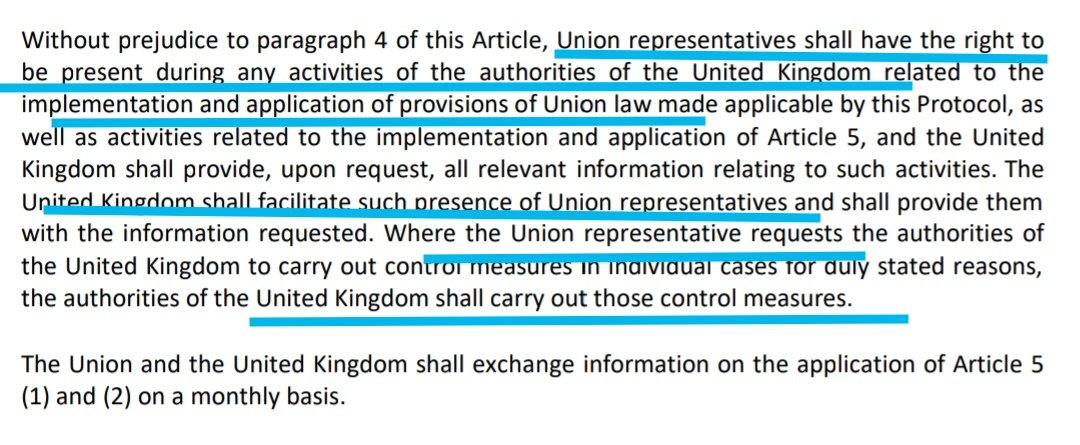 Sure enough, Article 12 of  #Protocol is pretty explicit:EU wants a technical presence UK committed to enabling it.As far as EU is concerned, this is pay-off for giving NI free access to Single Market.But now UK is demurring cos seems bit of an ouch for sovereignty.3/7