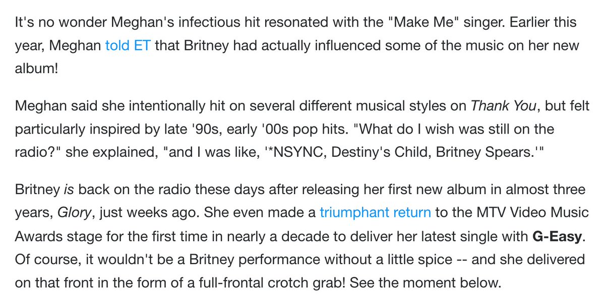 Britney served as the main inspiration for "Treat Myself", as well as songs like "No" and "Me Too." Meghan later mentioned her in the album booklet.