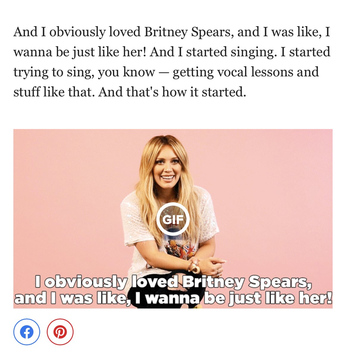 Hilary Duff has said Britney inspired her to become a singer.