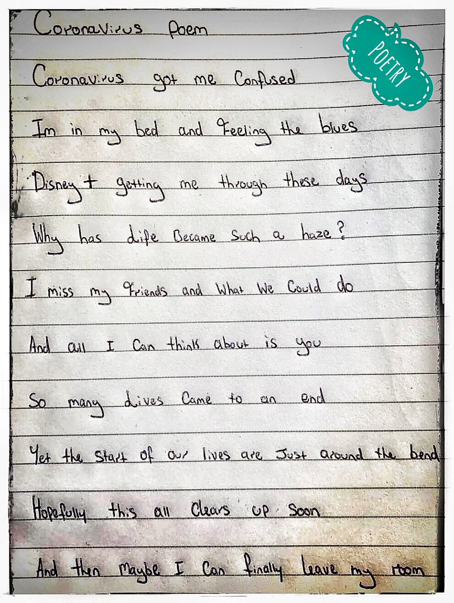 CastleheadEngl1's tweet photo. It’s comforting to hear how others are feeling during this strange time - poetry is a perfect way to convey your emotions. Here’s a poem from yet another talented S3 Castlehead pupil. Thanks for sharing 😊🌈 #lockdownpoetry #creativecastlehead #writing https://t.co/szX6mtJqN2