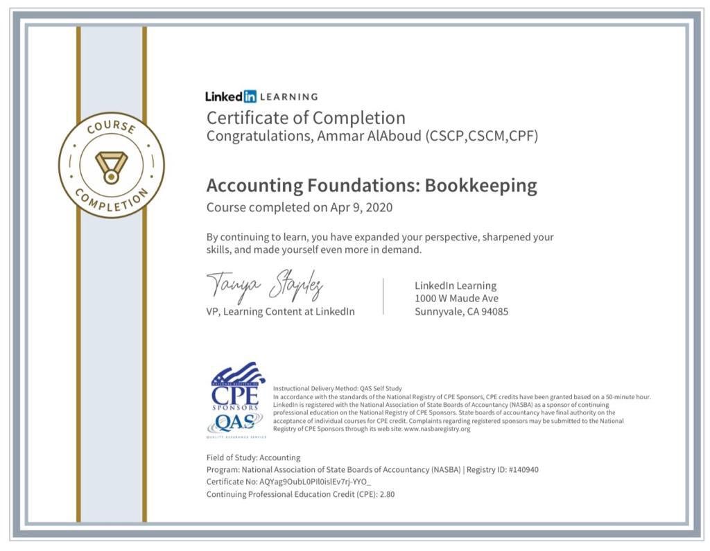 ammaralaboud's tweet photo. Just finished the course “#Accounting_Foundations: Bookkeeping”! What’s something you learned this week? #bookkeeping from the National Association of State Boards of Accountancy (@NASBA) through #LinkedIn_Learning @LI_learning
و لله الحمد أتممت #دورة_تسجيل_العمليات_الحسابية https://t.co/lbP1LfwAFr