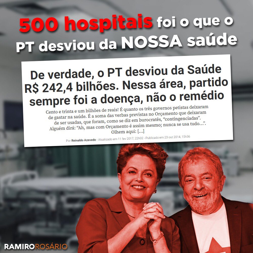 Ramiro Rosário on Twitter: "Dados de 2017 demonstram que o PT desviou recursos da saúde suficientes para construir 500 hospitais em todo o Brasil.… https://t.co/C4SVwVNGHW"