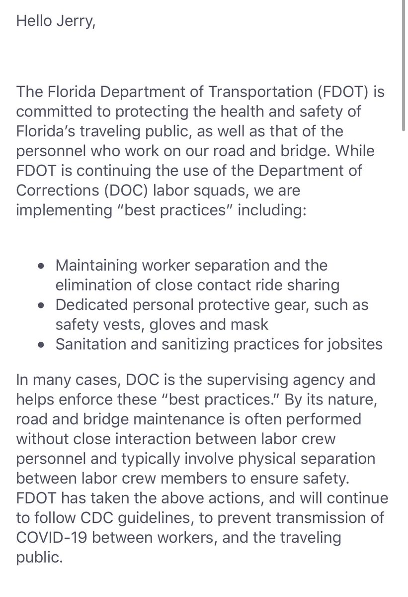 Response from FDOT here, obviously the problem is still that incarcerated people are still being cycled in/out of what are supposed to be closed facilities. Also worth noting one mom told me her son was previously given no PPE at all