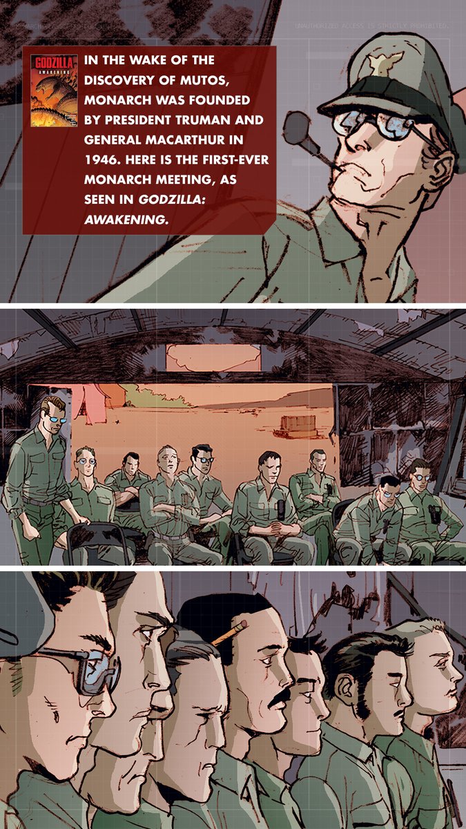 Monarch was founded by President Truman and General MacArthur in 1946 in the wake of the discovery of MUTOs. Here is the first-ever Monarch meeting, as seen in the graphic novel Godzilla: Awakening.  #MonsterverseWatchalong